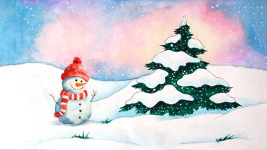 Hand-drawn of tree and Snowman in hat with scarf. Festive Winter card clipart