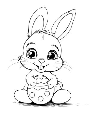 Paskalya yumurtalı Paskalya Tavşanı. Boyama kitabı için siyah ve beyaz vektör çizimi