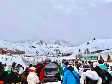 Val Thorens, France - January 15, 2023: people on vacation ski town in Tarentaise Valley in French Alps