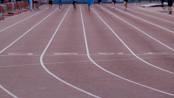 Slow Motion Group Athletes Run Sprint Race Stadium — Wideo stockowe