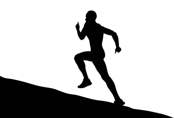 Schwarzer Silhouette Männlicher Läufer Läuft Bergauf Auf Weißem Hintergrund — Stockvektor