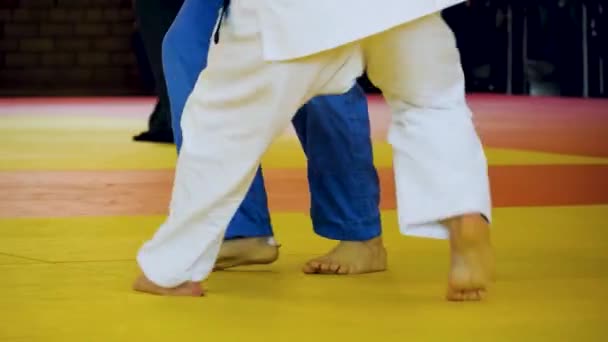 Дзюдо Змагання Ноги Дзюдоїсти Рухаються Татамі Під Час Бою Реальне — стокове відео
