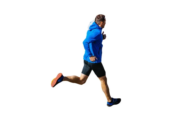 身穿蓝色风衣和黑色紧身衣跑步的男子赛跑选手 白色背景剪影 运动照片 — 图库照片