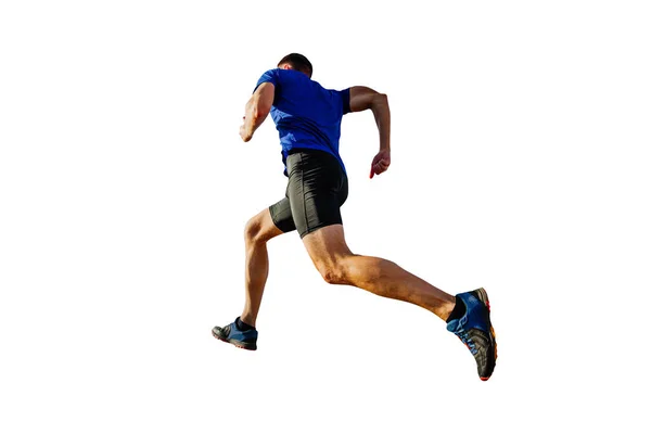 身穿蓝色衬衫和黑色紧身衣的运动员跑步者跑山 背景为白色 运动照片剪影 — 图库照片
