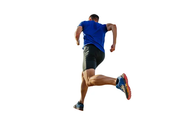 穿着蓝色衬衫和黑色紧身衣的背靠背运动员跑过高山 在白色背景上剪下轮廓 拍摄体育照片 — 图库照片