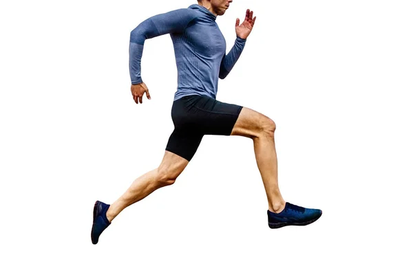 Close Mannelijke Loper Running Zijaanzicht Witte Achtergrond Blauw Shirt Met — Stockfoto