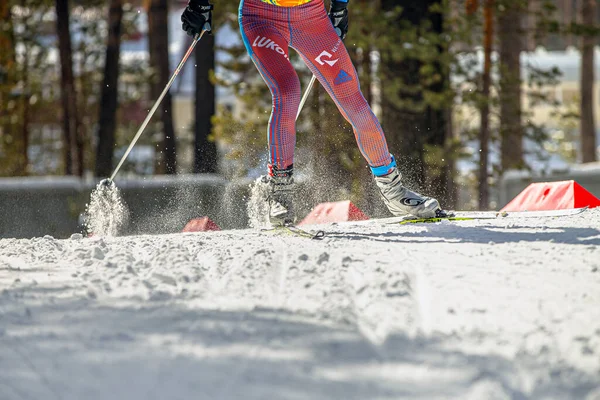 Skidåkare Idrottsman Längdskidåkning Fischer Racing Skidor Salomon Pjäxor Hud Kostym — Stockfoto
