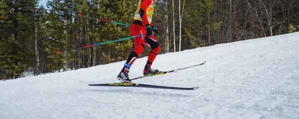 Atleta Masculino Corriendo Cuesta Arriba Esquí Fondo Esquís Carreras Fischer —  Fotos de Stock
