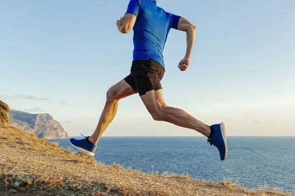 Männliche Läufer Laufen Bergauf Seeweg Auf Welkem Gras Crosslauf Blaues — Stockfoto