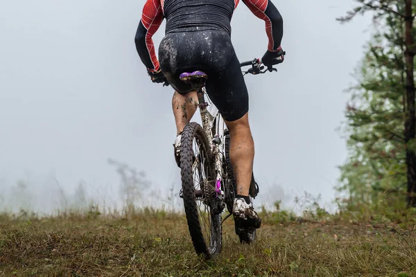 Orman yolunda bisiklet süren erkek bisikletçi, bisiklet ve kıyafetlerin üzerine toprak bırakıyor, bulutlu havada yarışıyor.