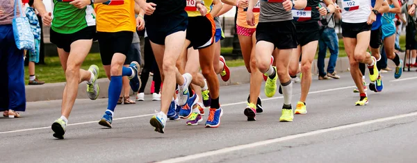 group male and female runners running marathon, athletes jogging city race, summer sports event