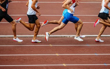 Grup erkek koşucuları orta mesafe yarış kenarı görünümü, yaz atletizm şampiyonası stadyumda, bacaklar erkekler koşuyor.