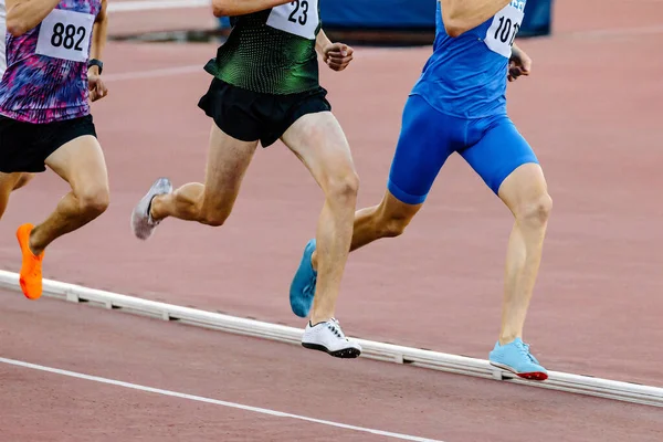Drei Läuferinnen Und Läufer Auf Mitteldistanz Laufen Gemeinsam Leichtathletikstadion Leichtathletik — Stockfoto