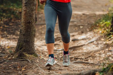 legs female runner in leggings runnin forest trail along roots of trees, summer marathon race clipart