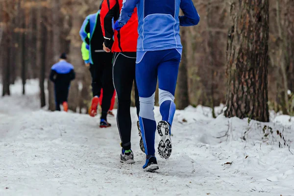Спортсмены Бегущие Зимним Дорожкам Люди Бегущие Вместе Снежный Лес — стоковое фото