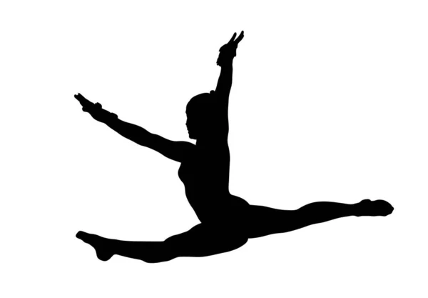 Meisje Gymnast Doen Sprong Gespleten Sprong Zwart Silhouet Witte Achtergrond — Stockvector
