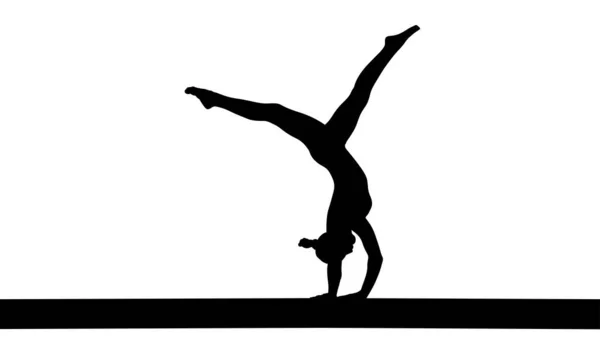 Girl Gymnast Handstand Exercise Balance Beam Isolated Black Silhouette — Stock Vector