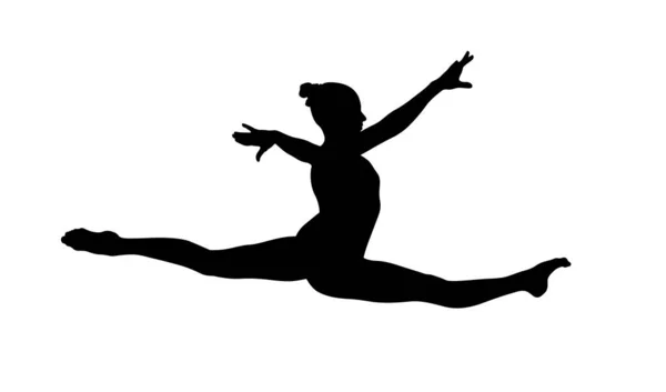Girl Gymnast Exercise Split Jump Black Silhouette — Stock Vector