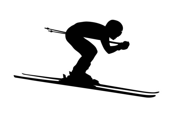 Горнолыжный спорт черный силуэт на белом фоне, спортивная векторная иллюстрация