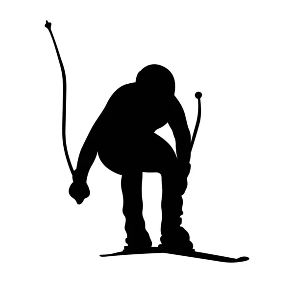 Männliche Skifahrer Ski Alpin Abfahrt Schwarze Silhouette Auf Weißem Hintergrund — Stockvektor