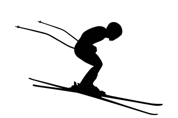 Black Silhouette Athlete Skier Alpine Skiing Downhill White Background Sports — Stock Vector