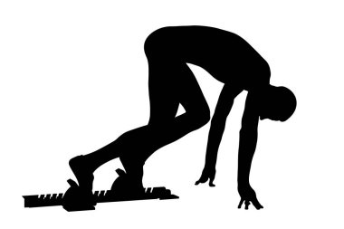 Başlangıç bloklarında atlet çalıştırıcı beyaz arka planda siyah silueti çalıştırmaya hazır, vektör illüstrasyonu, yaz sporları oyunları