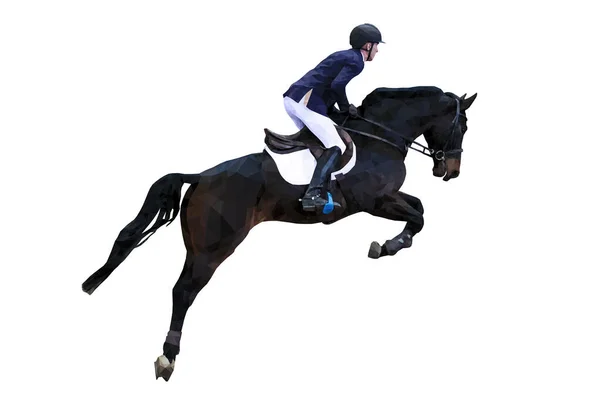 Equestrian Sport Hombre Jinete Caballo Saltar Poligonal — Vector de stock