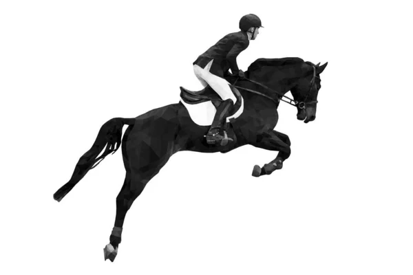 Cavalier Sportif Équestre Sur Cheval Sautant Image Noir Blanc — Image vectorielle
