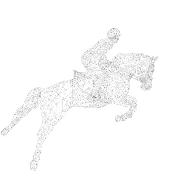 馬の乗馬スポーツライダーは多角形のワイヤーフレームをジャンプ — ストックベクタ