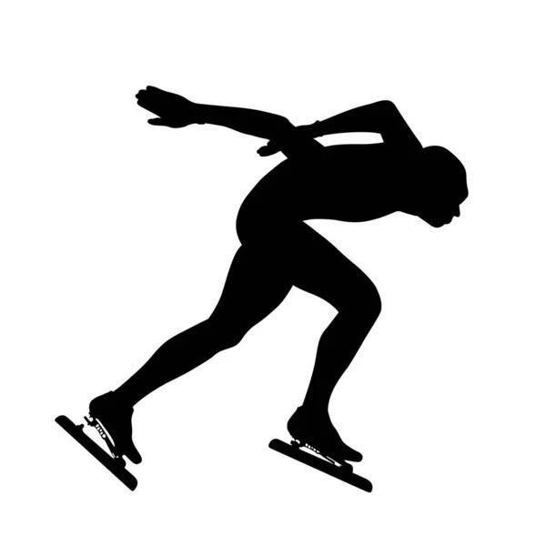 Atleta Pattinaggio Velocità Maschile Esecuzione Arena Turno Silhouette Nera Sfondo — Vettoriale Stock