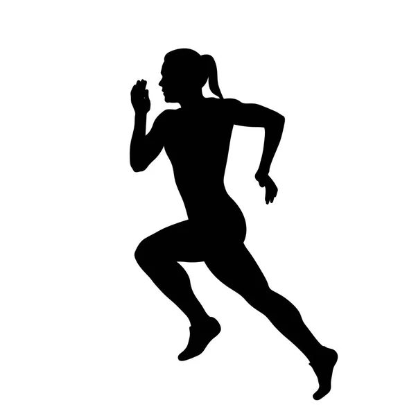 Mujer Atleta Sprinter Ejecutar Silueta Negro — Vector de stock