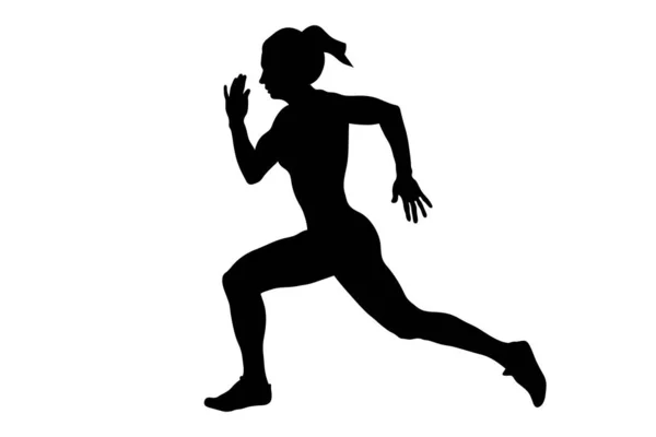 Atleta Donna Corridore Correre Corsa Sprint Silhouette Nera Sfondo Bianco — Vettoriale Stock