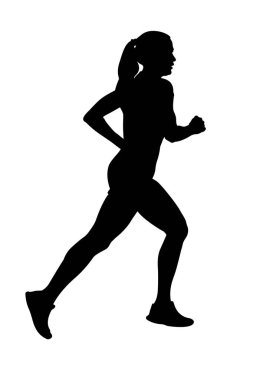 Maratonda koşan bayan atlet, beyaz arka planda siyah siluet, spor vektörü illüstrasyonu