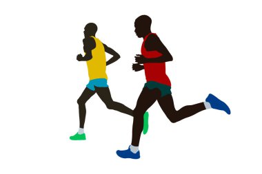 İki Kenyalı atlet lider beyaz arka planda maraton renkli siluet koşuyor, vektör illüstrasyonu, yaz olimpiyatları