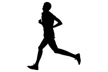 Siyah siluet Avrupalı erkek koşucu beyaz arka planda maraton koşuyor, vektör illüstrasyonu, yaz sporları oyunları