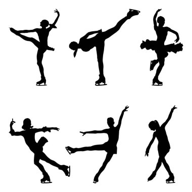 Beyaz arka planda siyah siluet kız patenci artistik patinajı, spor vektör illüstrasyonu, kış olimpiyatları sporları