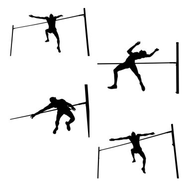 Siyah siluet atleti beyaz arka planda yüksek atlama, spor vektör illüstrasyonu, yaz olimpiyatları sporları