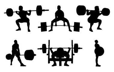 erkek kaldırıcıları yerleştirin atletler siyah siluet kaldırma, egzersiz: ölü kaldırma, bench press, squat