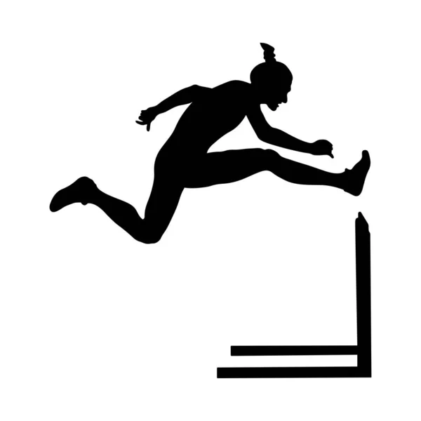 Women Athlete Runner Running Hurdles Black Silhouette — Stock Vector