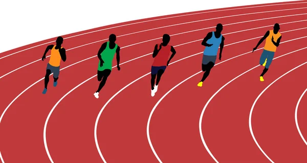 Atleti Corridori Uomo Che Corrono 200 Metri Nello Stadio — Vettoriale Stock