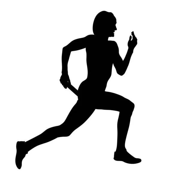 白い背景のリレーバトン黒のシルエットを走る女性ランナー ベクトルイラスト 夏のスポーツゲーム — ストックベクタ