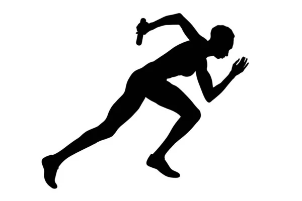 女赛跑选手跑接力赛黑色轮廓白色背景 矢量插图 夏季运动会 — 图库矢量图片