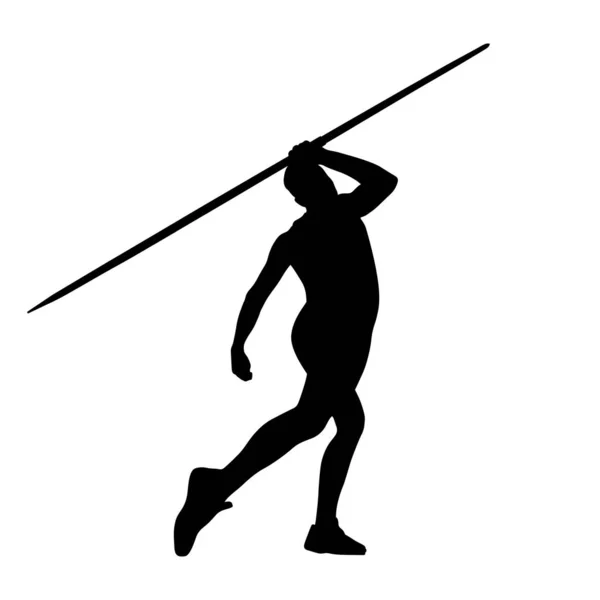 Männliche Werfer Sportler Speerwurf Schwarze Silhouette Auf Weißem Hintergrund Vektor — Stockvektor