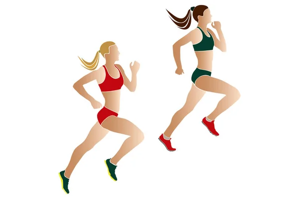 Iki Kadın Sporcular Koşucular Siluetler Renkli — Stok Vektör