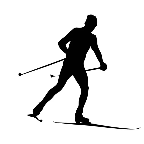 Längdåkning Ski Race Man Idrottsman Svart Siluett Vit Bakgrund Sport — Stock vektor