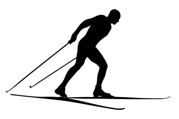 Athlete Skier Cross Country Ski Race Black Silhouette — Stock Vector