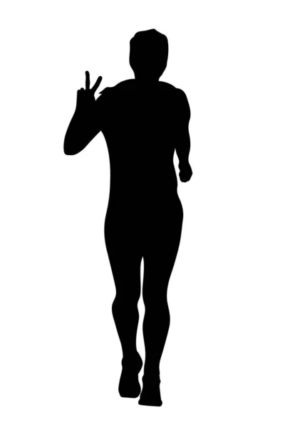 Kobieta Biegacz Pokazać Ręka Pokój Znak Czarny Sylwetka Białym Tle — Wektor stockowy