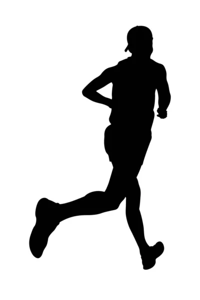 マラソンレースを走るキャップの男性ランナー 白い背景の黒いシルエット スポーツベクトルイラスト — ストックベクタ