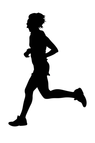 Donna Corridore Corsa Maratona Vista Laterale Gara Silhouette Nera Sfondo — Vettoriale Stock