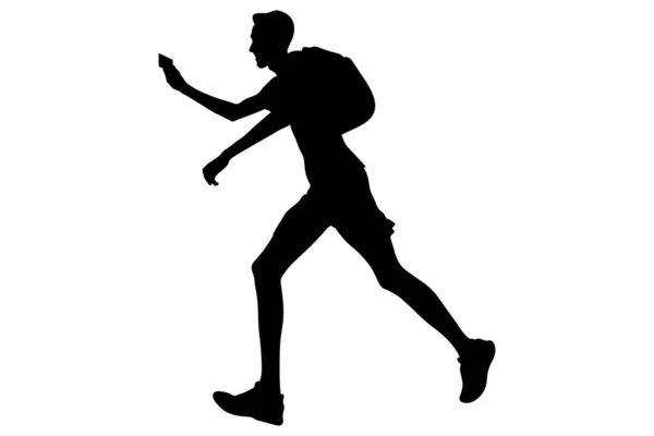 Corredor Masculino Corriendo Con Mochila Tomando Selfies Smartphone Silueta Negra — Vector de stock